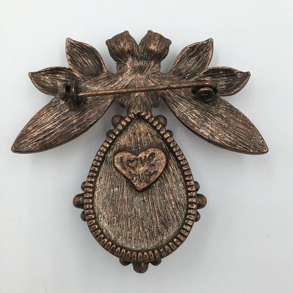 Love Bug VINTAGE Bronze (?) Metal BROOCH, Rhinestone Crystal, Green Amber Blue - Picture 2 of 3